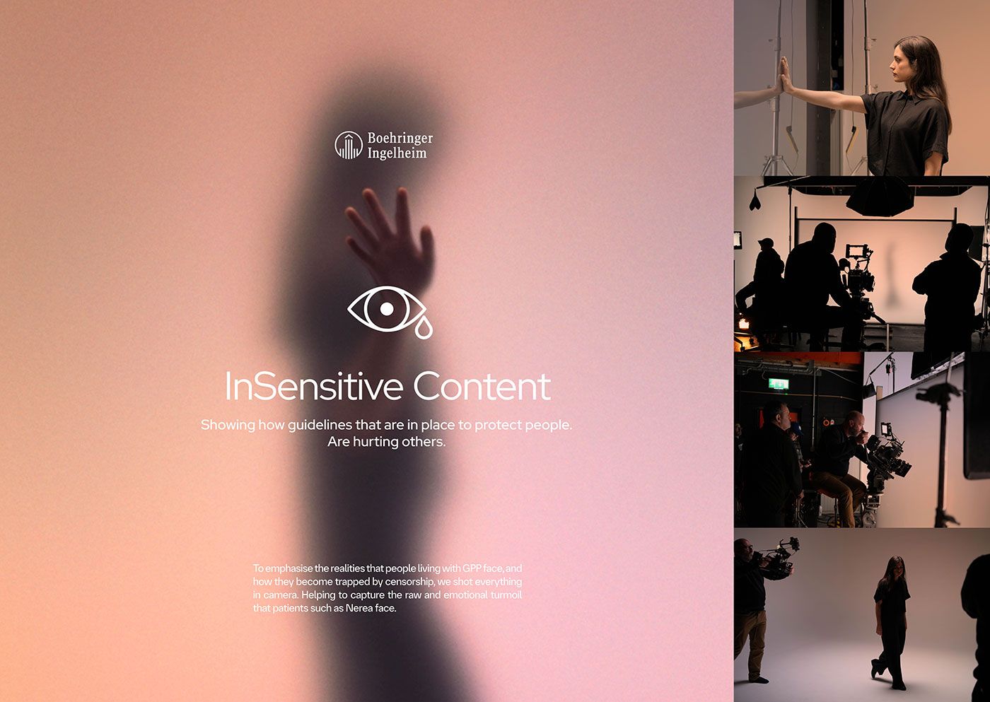 Graphic for the 'InSensitive Content' campaign by Boehringer Ingelheim, featuring a silhouette obscured by a blur filter and a sidebar of behind-the-scenes production photos